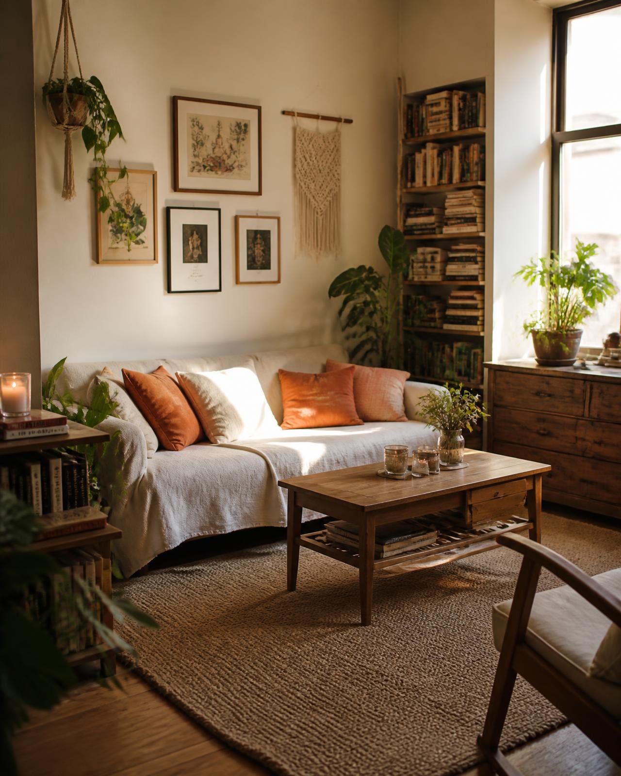 Cozy small living room with gallery wall, plants, and second-hand wooden furniture