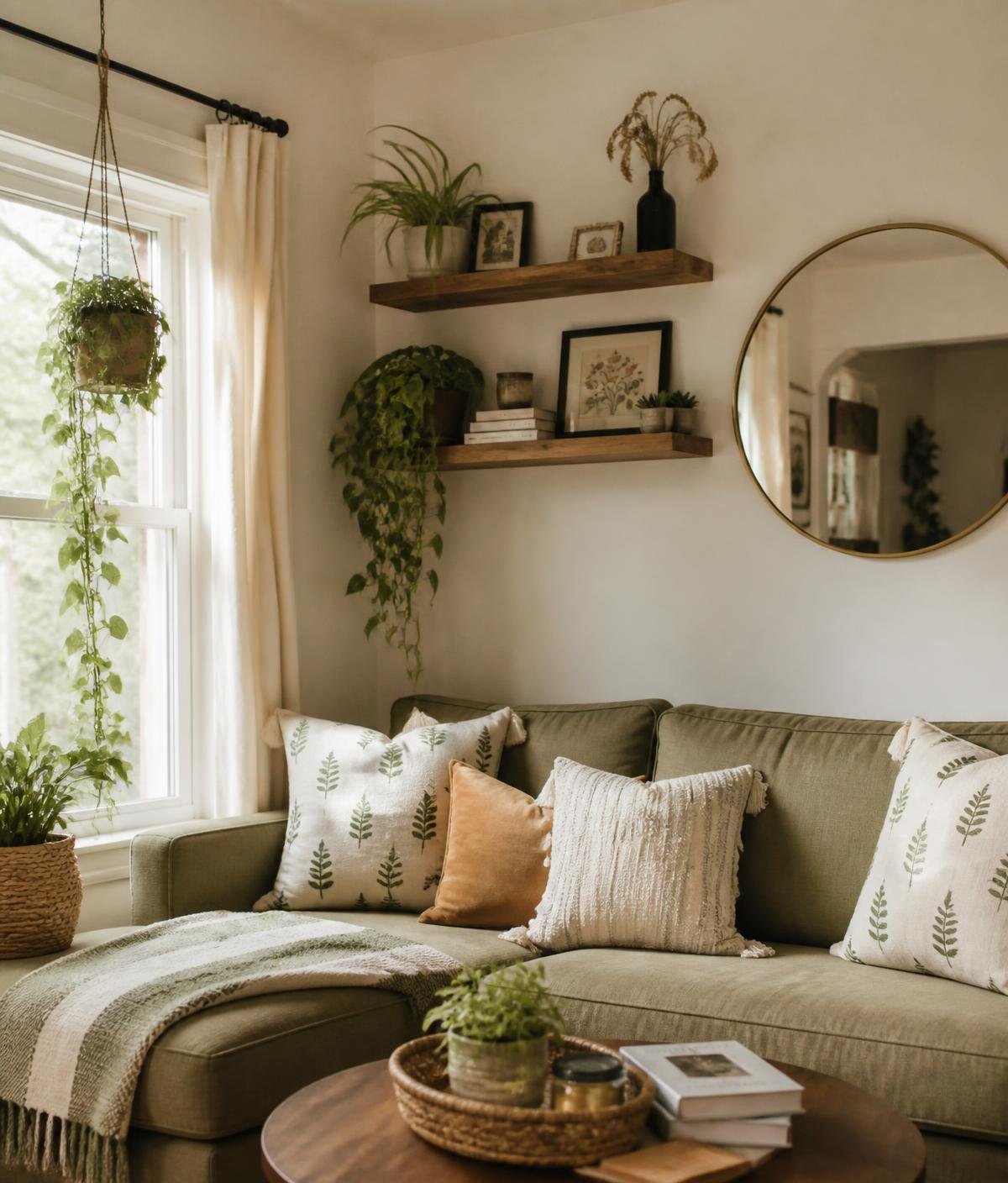 Living room corner with floating wooden shelves, round mirror, cushions and plants