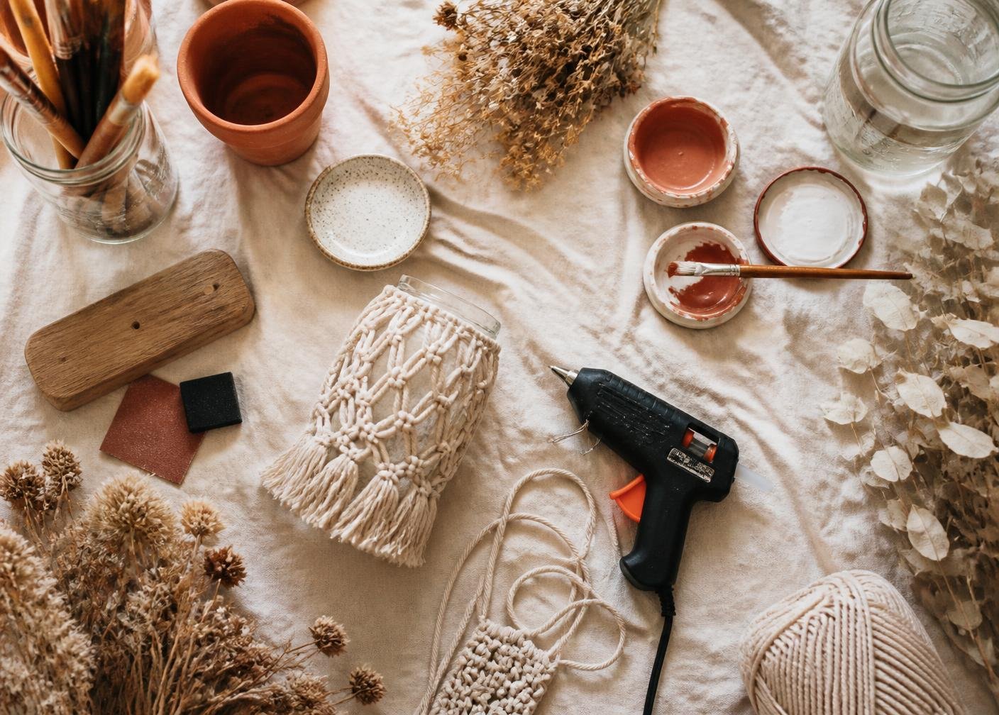 DIY craft table with paint brushes, terracotta paint, sandpaper, glue gun, and macramé cord