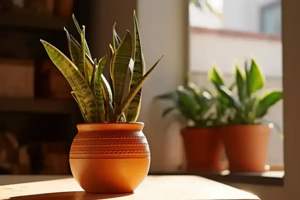 Snake plant in a terracotta pot on a sunlit table, one of the budget home decor ideas under $50 that lasts longer than small accessories.