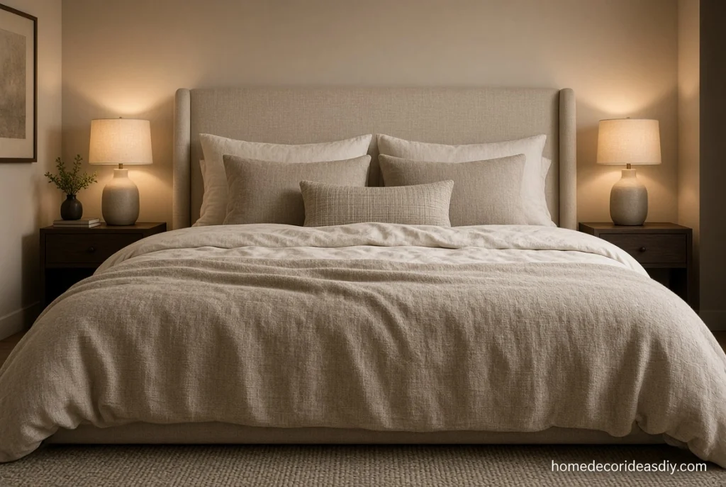 Linen headboard, cotton-linen bedding and bedside lamps creating expensive home decor in the bedroom 