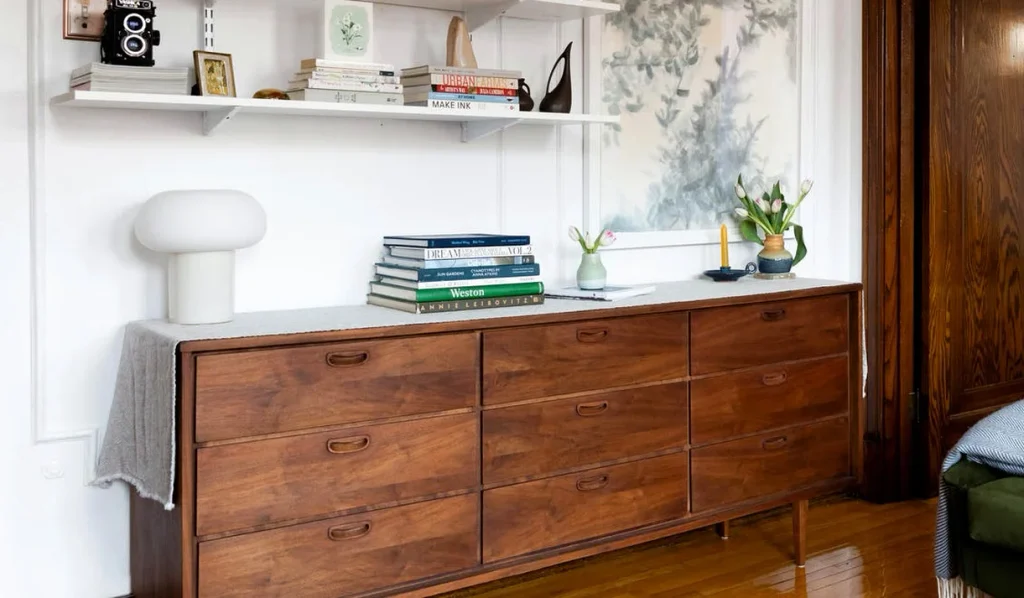 Solid wood dresser with good bones styled after a thrift store find