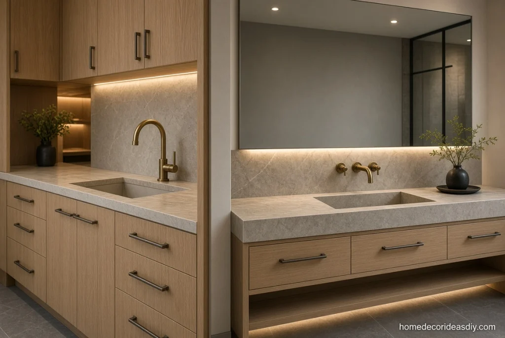 Solid metal handles, aged brass taps and a large mirror showing expensive home decor in kitchen and bathroom