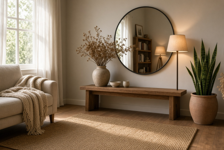 Home decor items under 200 including round mirror, floor lamp, jute rug and plant in living room