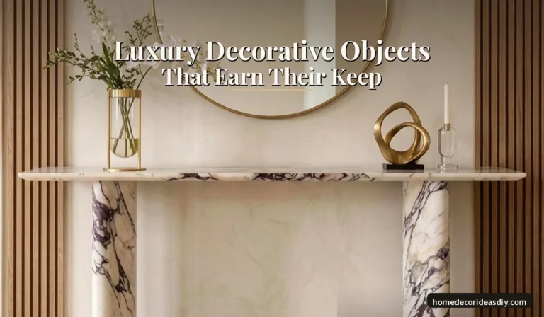 Luxury decorative objects styled on a marble mantel — brass abstract sculpture, glass candle holder and gold vase under a round mirror