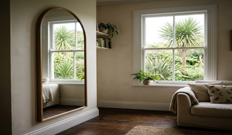Tall arched mirror home decor placed beside a window at eye level reflecting greenery and daylight
