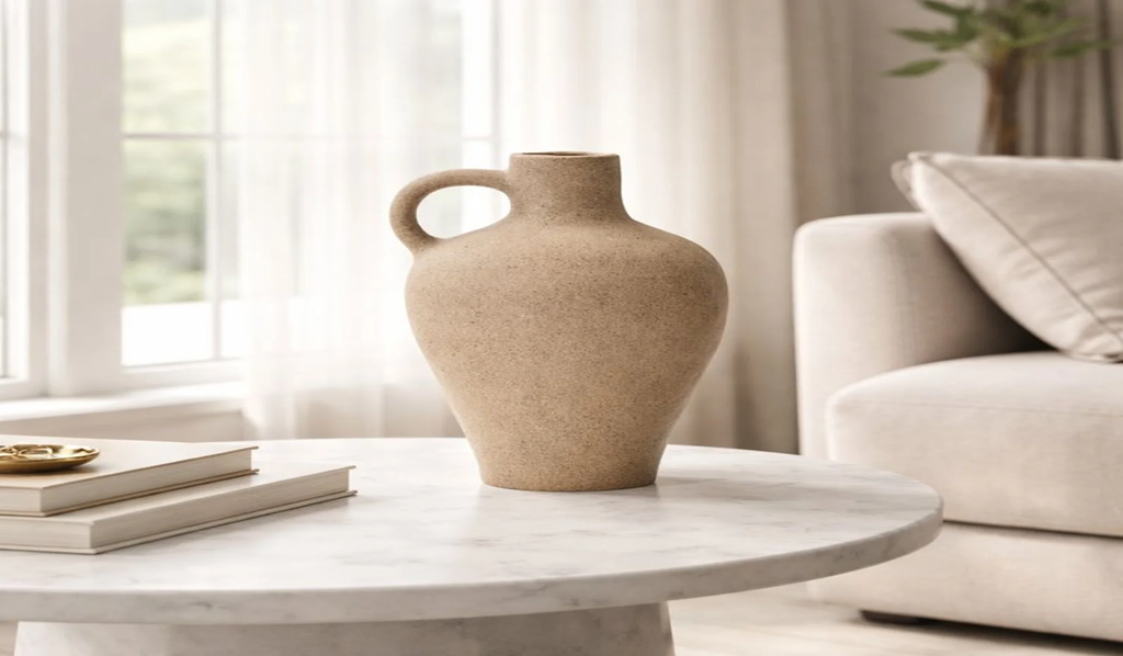Single handmade ceramic vase with a handle placed on a white marble table in a bright minimalist living room, demonstrating how one statement home decor item handmade needs empty space to truly stand out.