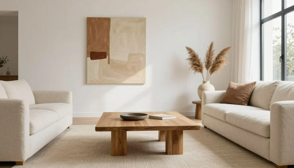 Living room with one tall vessel on a side table and an empty coffee table