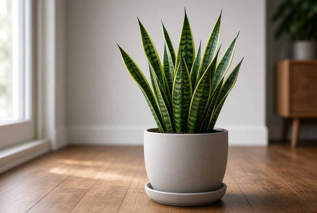 Snake plant in matte pot – easy home decor items under 200