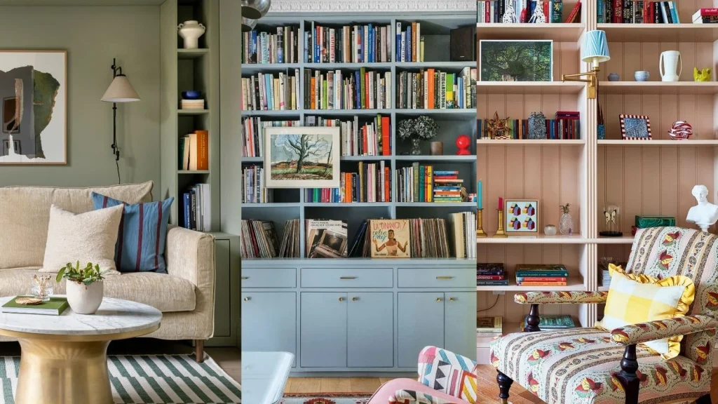 Bookcases painted in sage, blue and blush showing how a sample jar of paint on the back panel of a shelf transforms budget home decor under $50