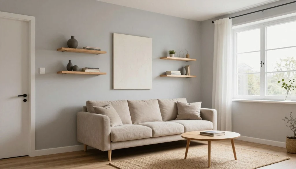 One small vessel per floating shelf, not a crowded row
