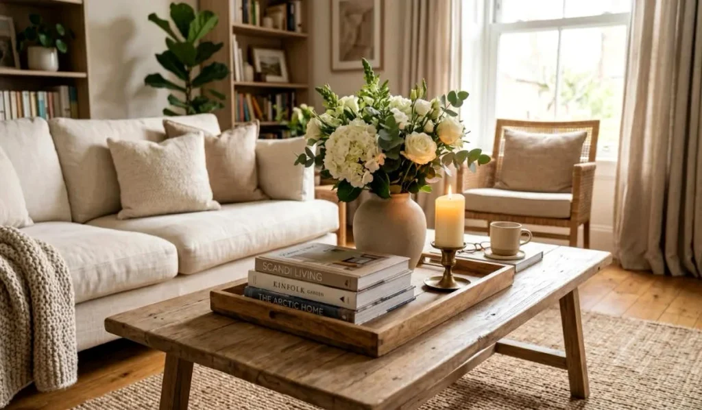 Wooden tray books candle and vase styled as small thrift store home decor ideas