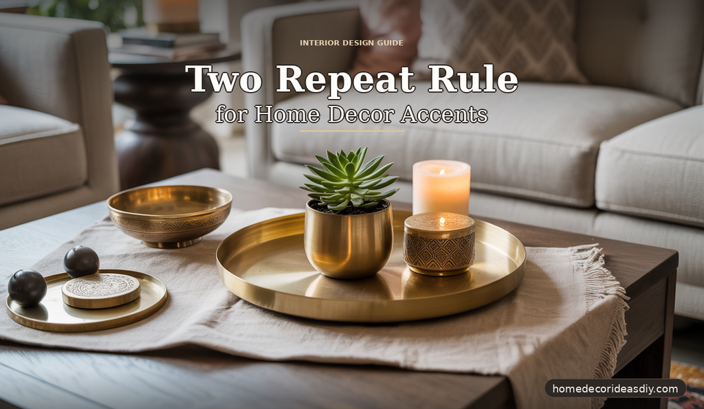 Two repeat rule for home decor accents with brass tray, bowl and candle styling