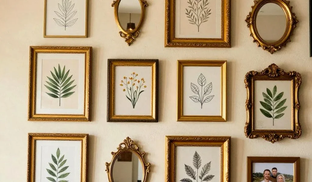 Gallery wall of thrifted gold frames botanical prints and small mirrors