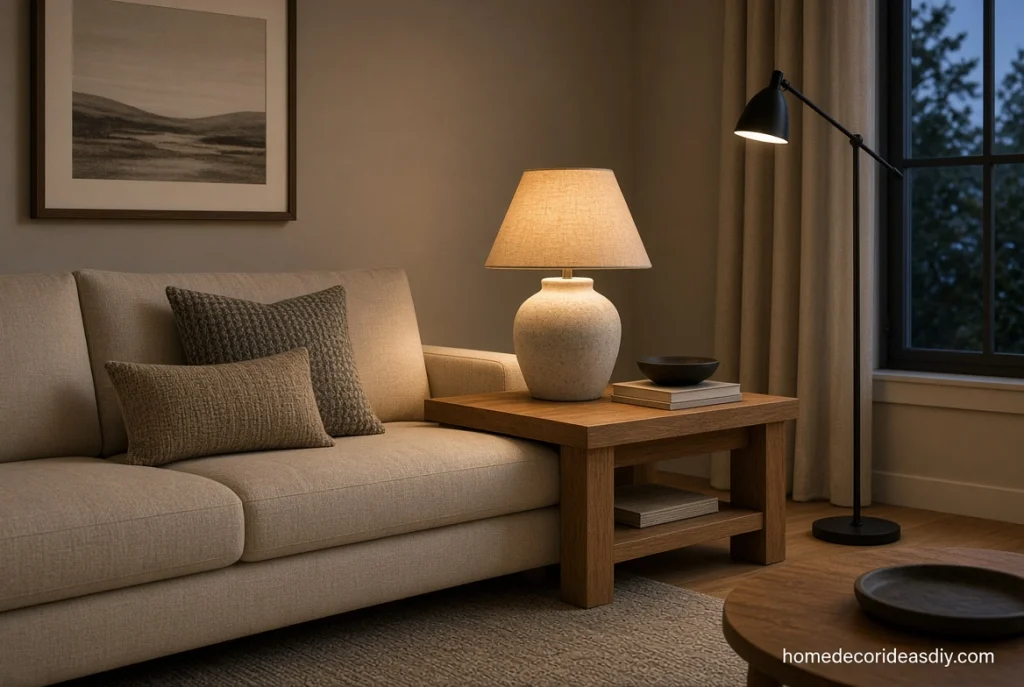 Warm lamp and floor light in a linen living room that makes expensive home decor feel convincing at night
