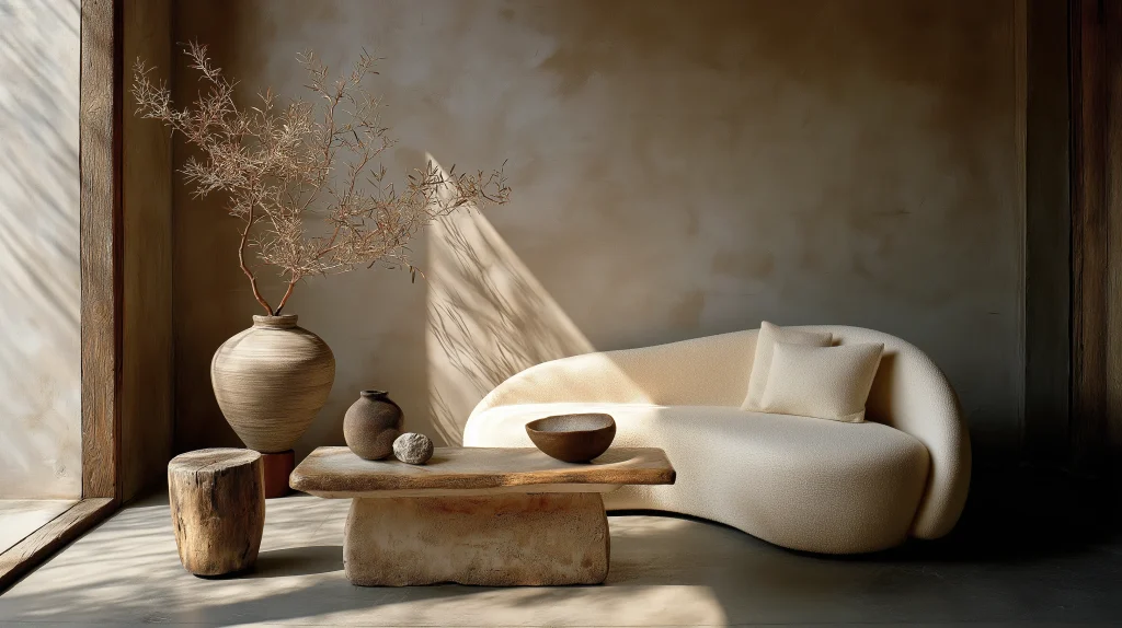 floor vessel with branches next to a sofa, room left open