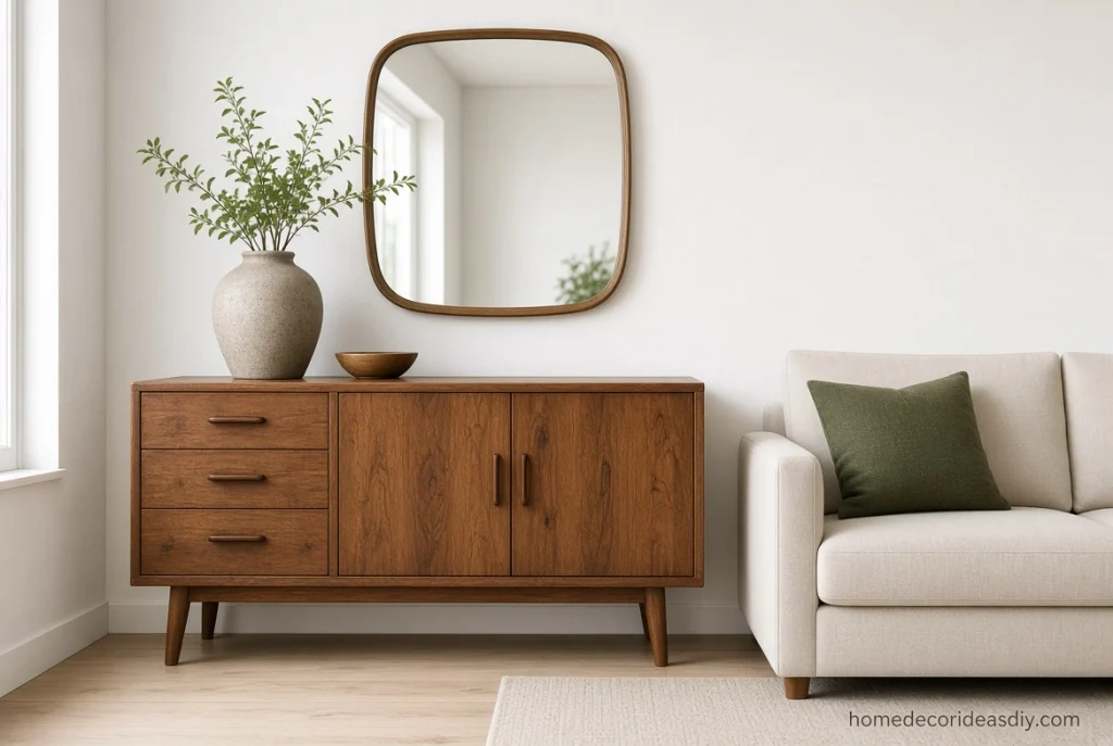 Mid-century wood sideboard mixed with a modern sofa for expensive home decor on a real budget