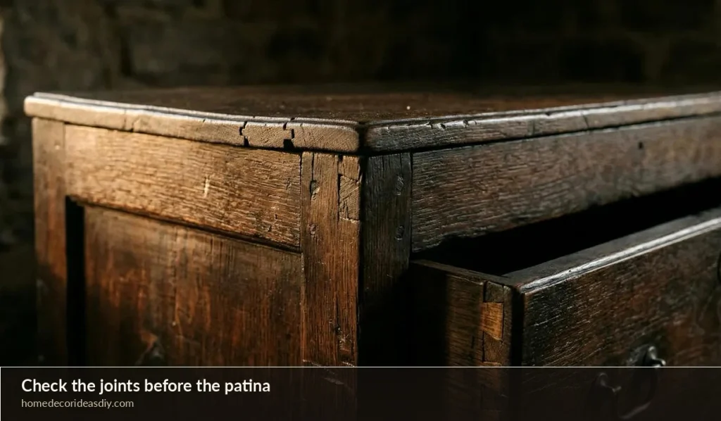 Close-up of an old oak chest showing worn timber, split top edge and drawer joinery