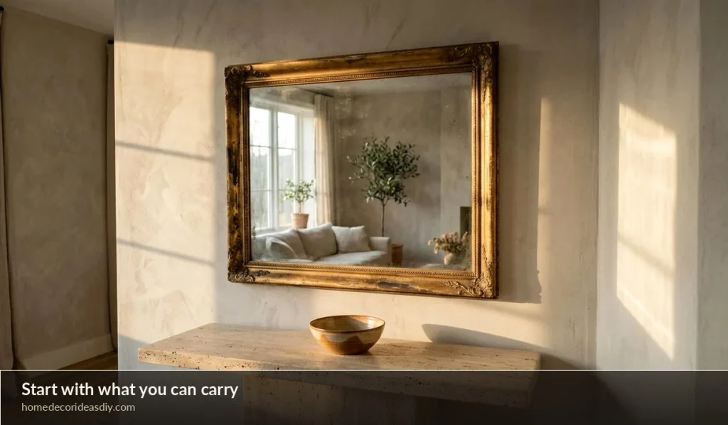 Gilt framed antique home decor mirror on a plaster wall above a narrow stone shelf
