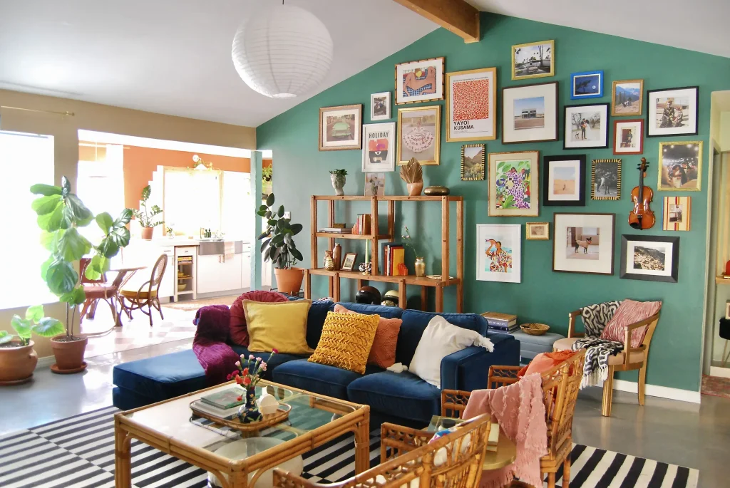 Handmade decor in living room with macrame wall hanging and modern furniture