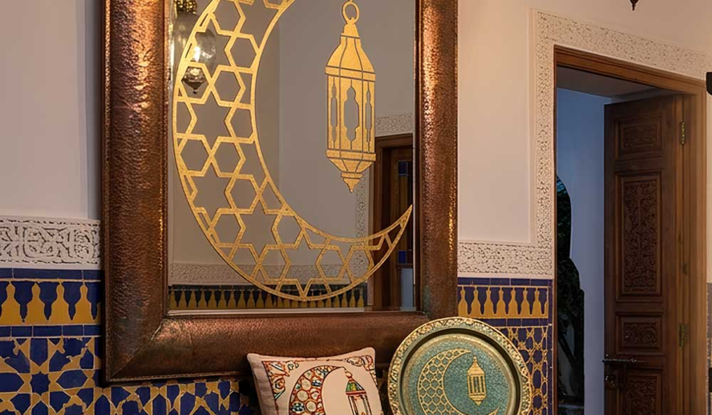 islamic home decor Moroccan lantern glowing on traditional prayer rug