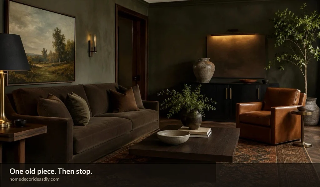 Dark sitting room mixing an old landscape painting with a plain modern sofa
