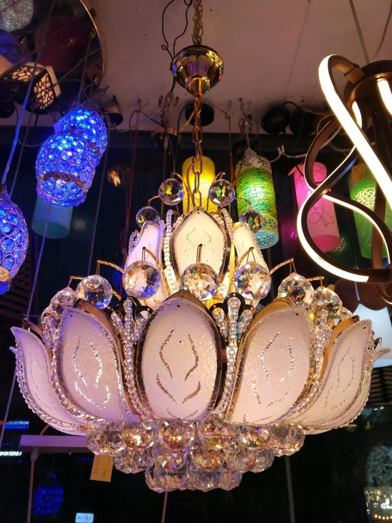 Crystal chandeliers and designer lights at SP Road, a top destination for home decor Bangalore lighting
