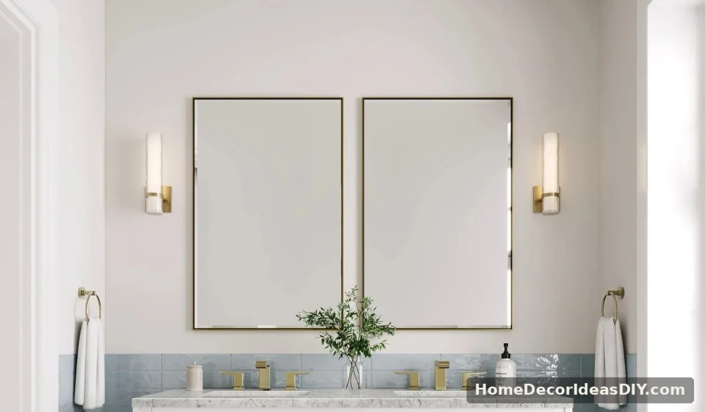 "White 60-inch double bathroom vanity with two mirrors and brass fixtures"