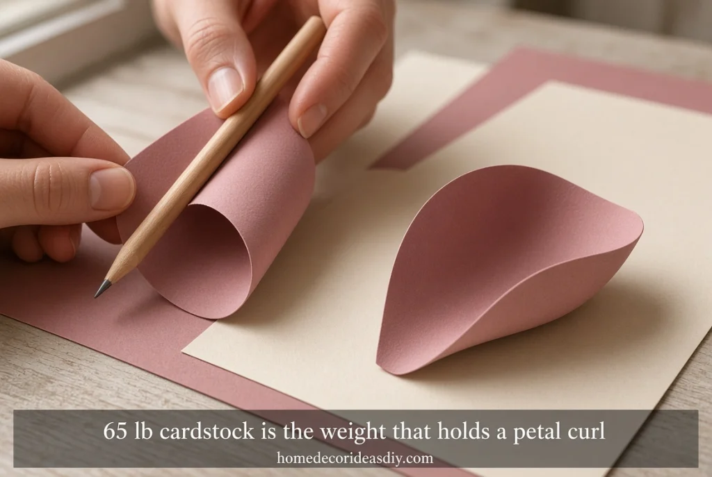 hands cutting cardstock petals for diy paper flower wall decor