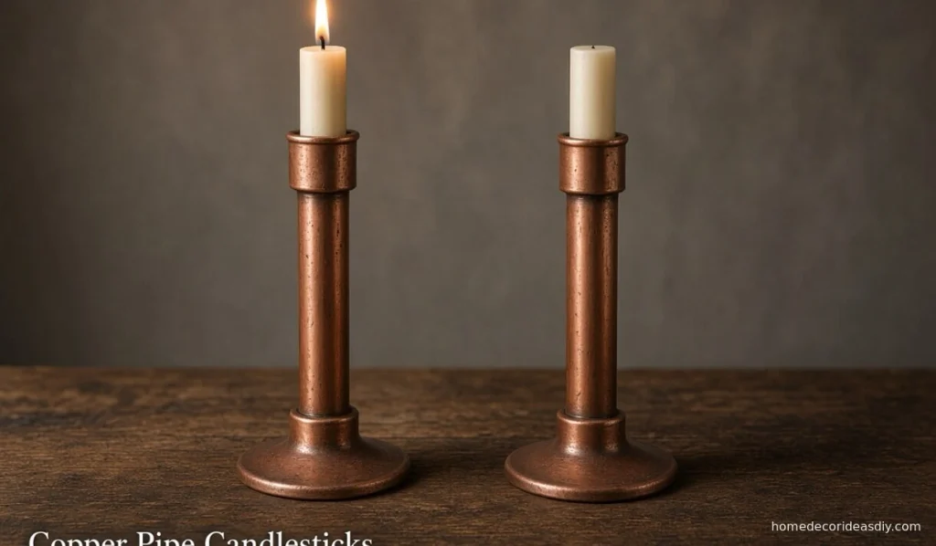 Two 3/4 inch copper pipe candlesticks with flange bases and taper candles