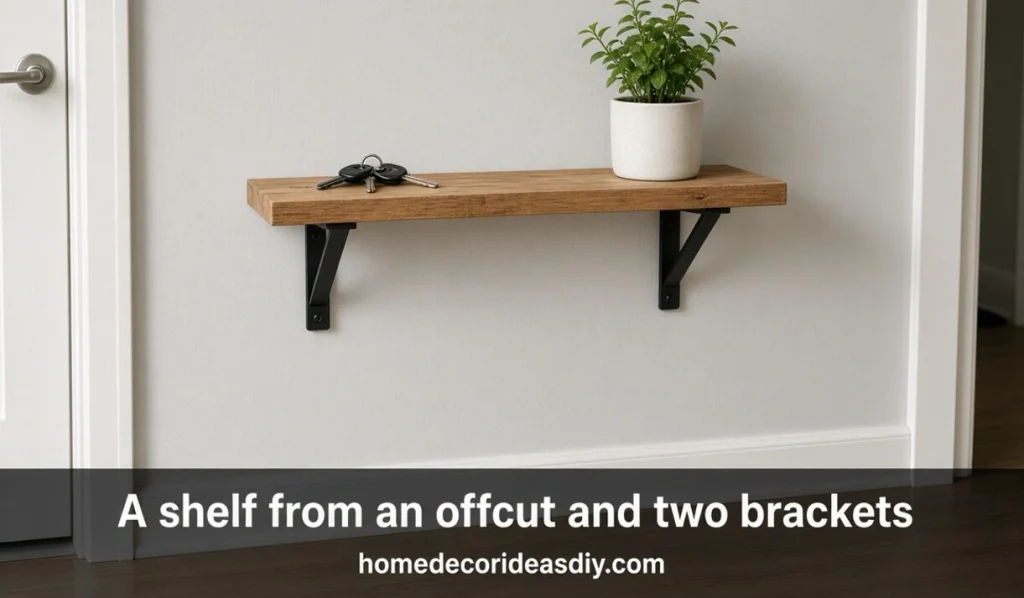 Hallway offcut wood shelf with two black brackets keys and a plant