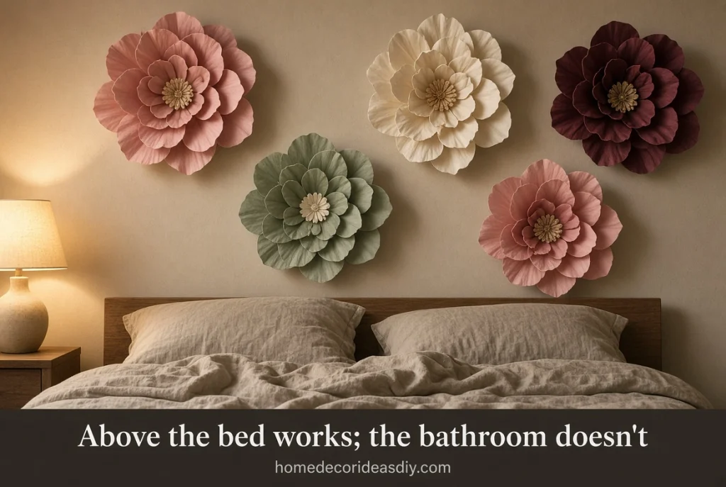 Paper flower cluster above a bed lit from the side so petals cast shadows