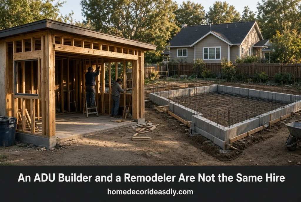 Garage conversion next to a new detached ADU foundation in a California backyard