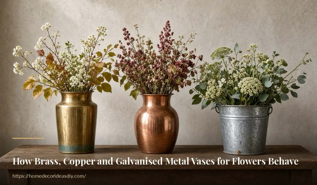 Brass, copper and galvanised metal vases for flowers lined up on a wooden table