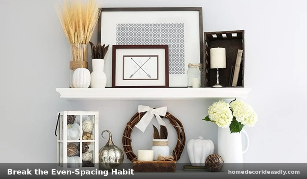 Floating shelves styling ideas two white shelves styled with frames, vases and plants in varied-height clusters instead of even rows