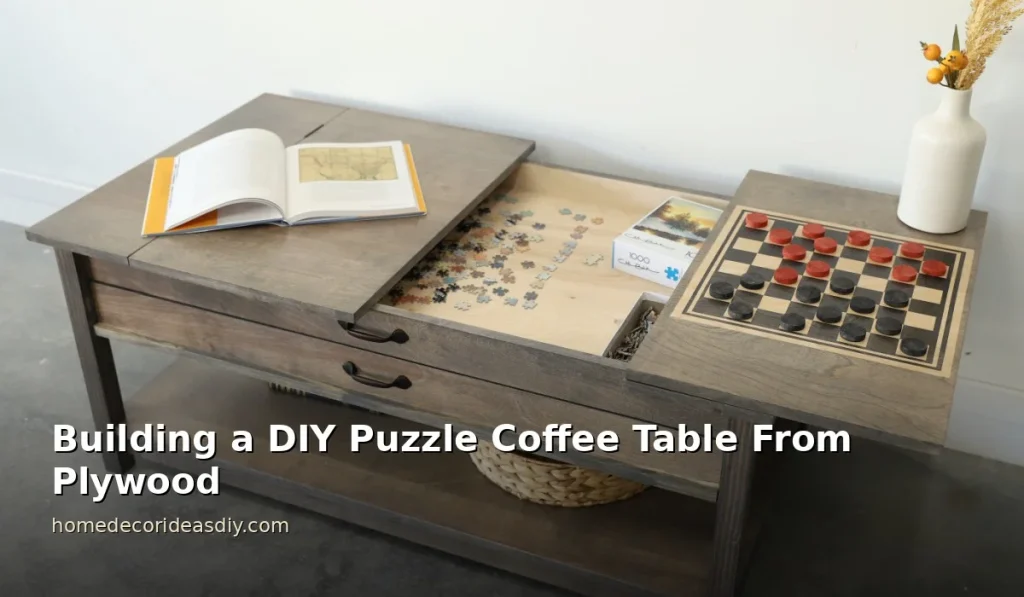 DIY plywood puzzle coffee table with flip-top lids open showing the puzzle well and a built-in checkers board