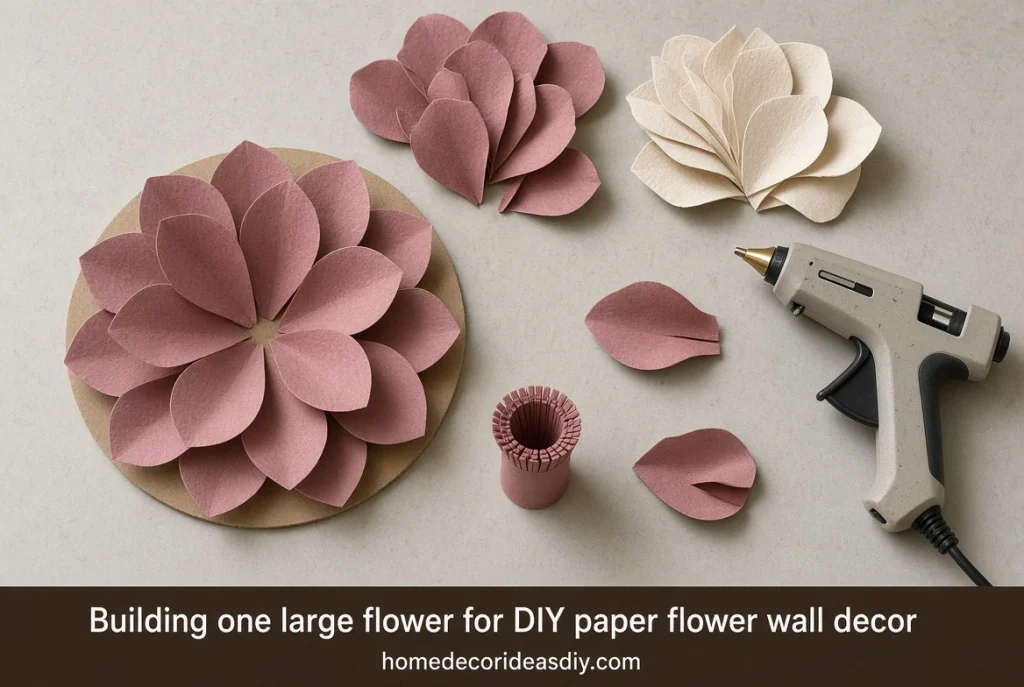 Three sizes of cardstock petals stacked on a cardboard circle with a rolled paper center