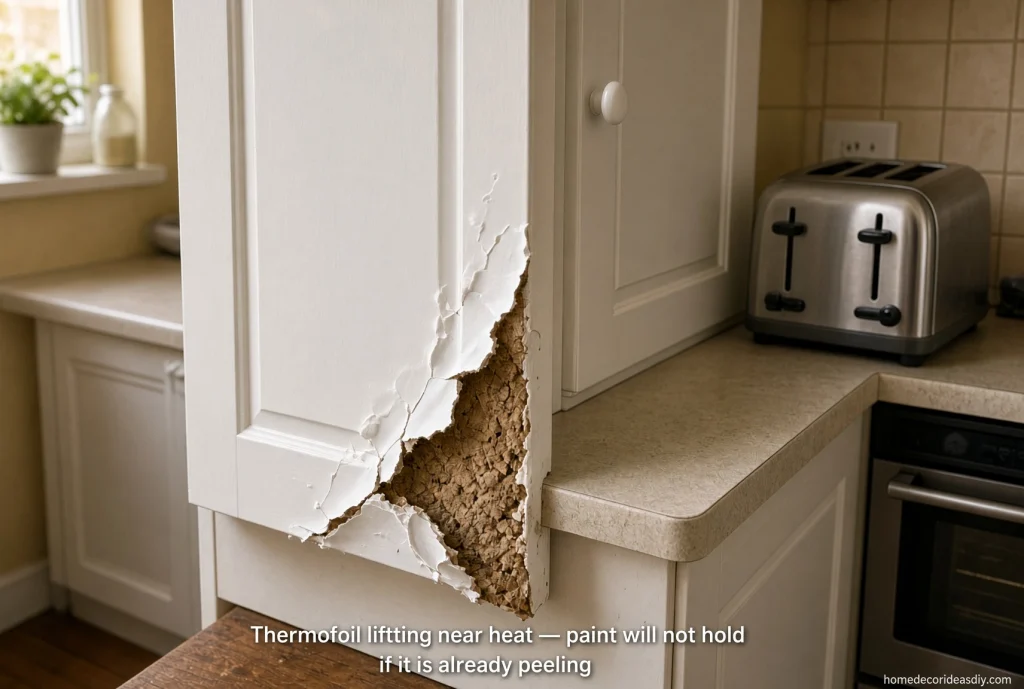 Peeling thermofoil on a kitchen cabinet near the toaster — do not paint over lifting vinyl when you upcycle kitchen cabinets