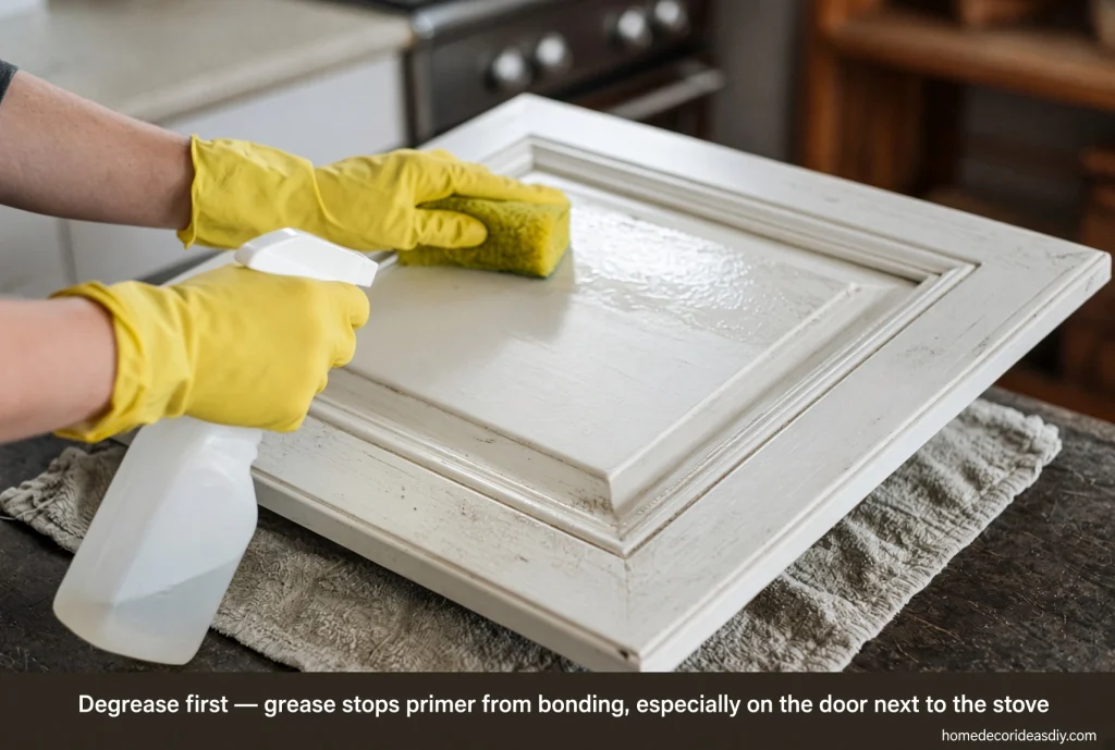 Degreasing a greasy cabinet door before sanding when you upcycle kitchen cabinets