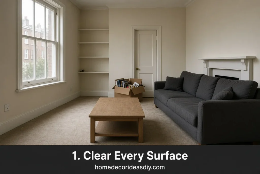Cleared living room surfaces before shopping, box of objects by the door