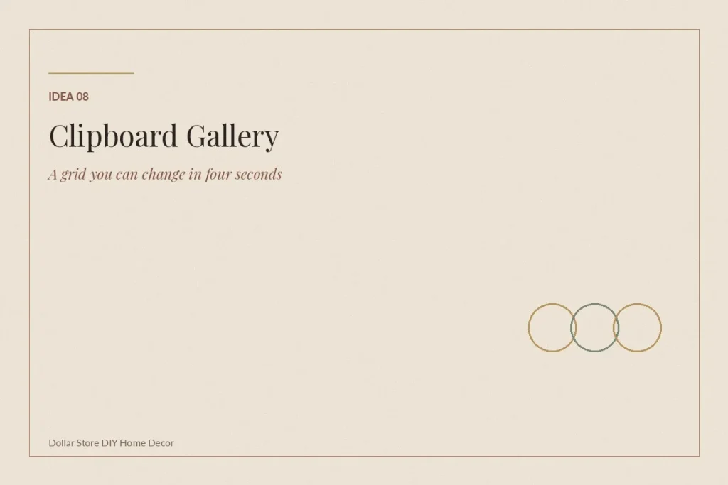 Dollar store DIY home decor rotating gallery wall made from six wooden clipboards