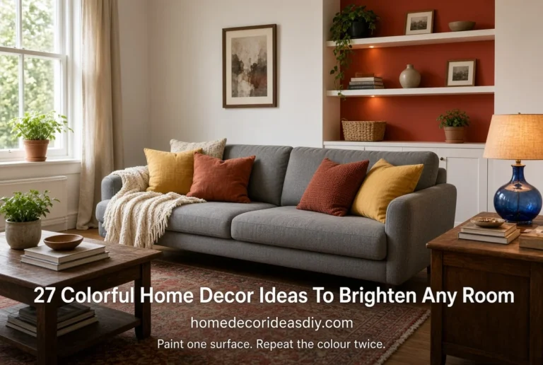 27 colorful home decor ideas to brighten a neutral living room with painted alcove and warm accents