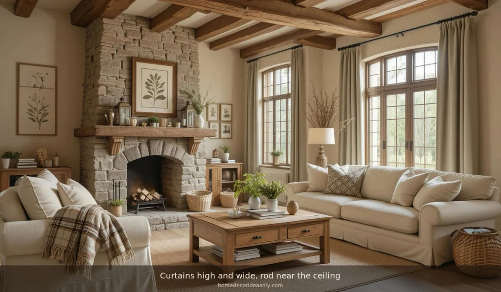 Decor home living room with curtains hung high and wide so glass stays clear