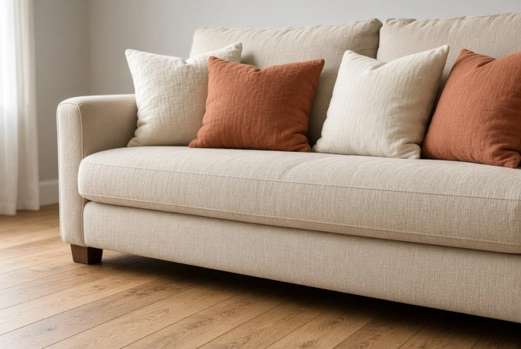 Four new cushion covers on old inserts, one of the cheapest budget living room decor ideas.