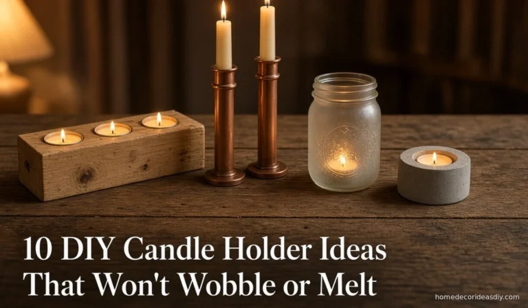 Pine tea light block, copper pipe tapers, frosted mason jar, and concrete holder on a wood table