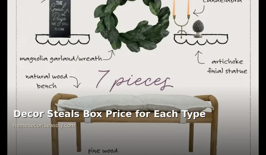 Decor Steals Box contents illustration showing a natural wood bench, magnolia wreath, cast iron candelabra and handmade black bowl from one edition.