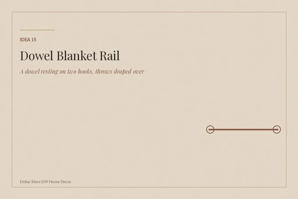 Dollar store DIY home decor wooden dowel and hook blanket rail with quilted and woven throws