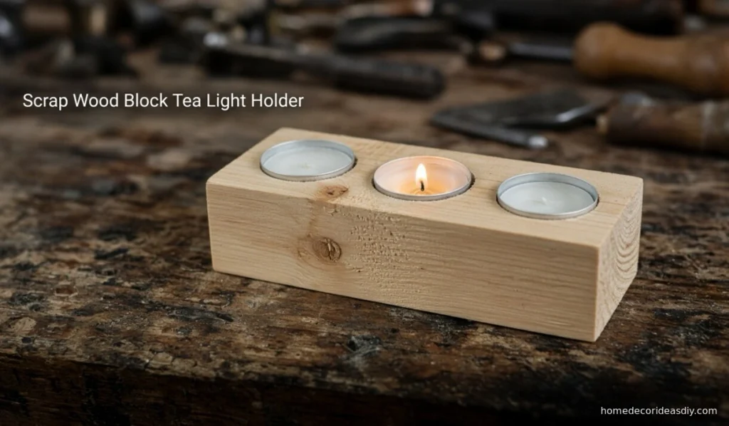 Pine 2x4 tea light holder with three aluminum cups, center tea light diy candle holder ideas