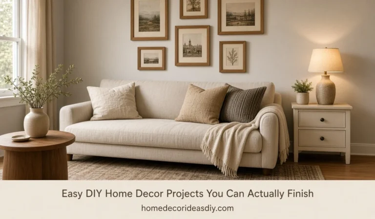 Easy DIY home decor projects living room with painted nightstand and thrifted frames