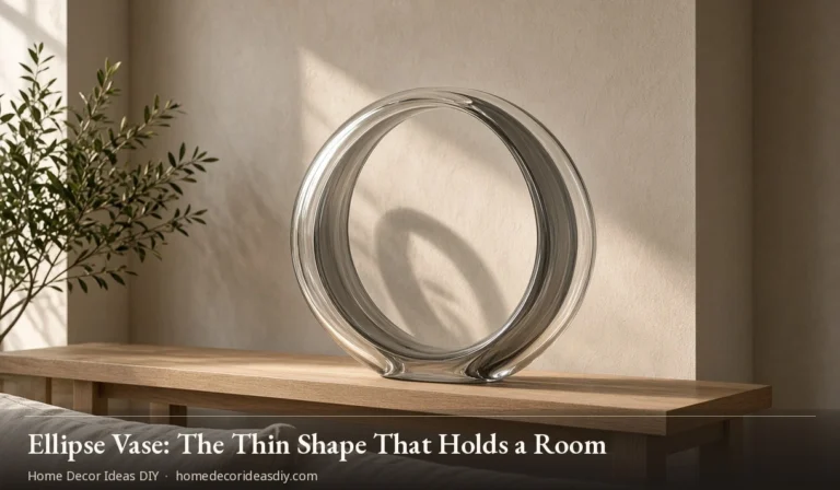 Ellipse vase on a pale oak console, thin glass oval catching afternoon light